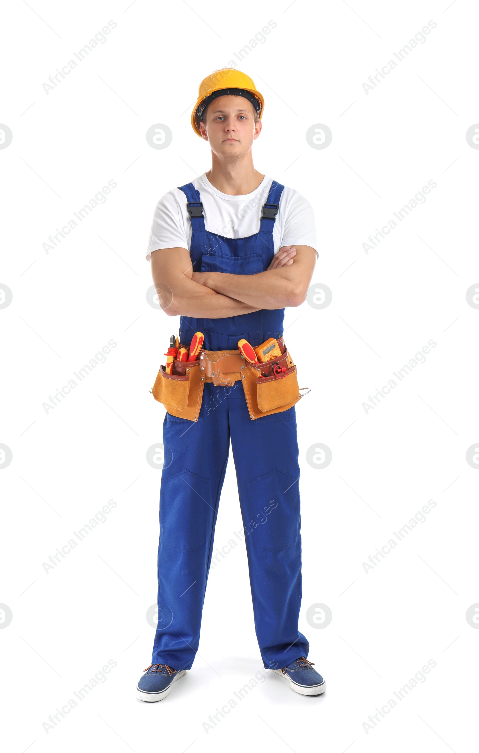 Photo of Electrician with tools wearing uniform on white background