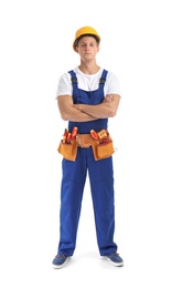 Electrician with tools wearing uniform on white background