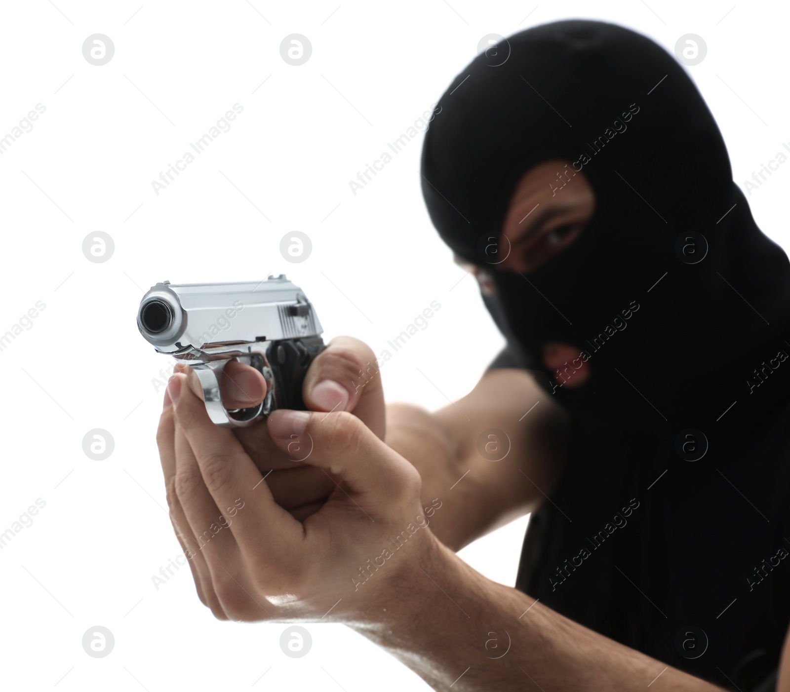 Photo of Professional killer with gun on white background