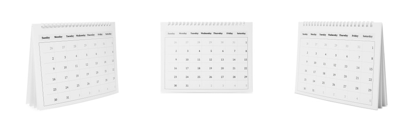 Collage of paper calendar on white background