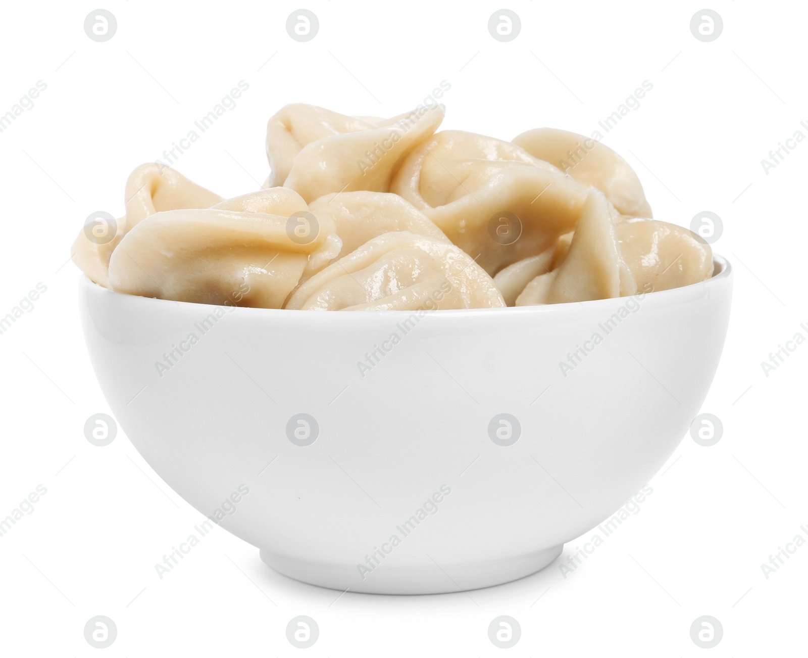 Photo of Tasty dumplings in bowl isolated on white