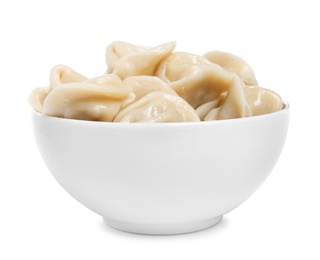 Photo of Tasty dumplings in bowl isolated on white