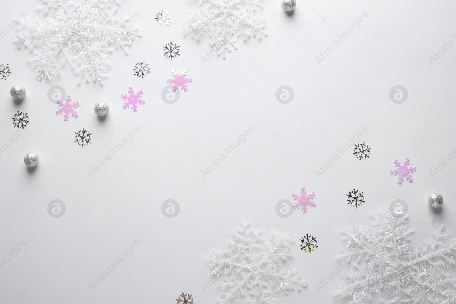 Photo of Flat lay composition with Christmas decorations on white background, space for text