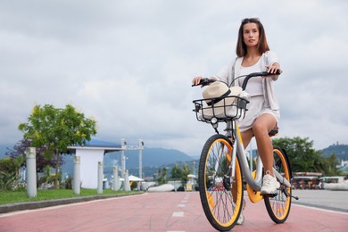 Photo of Beautiful young woman riding bicycle on lane in city. Space for text