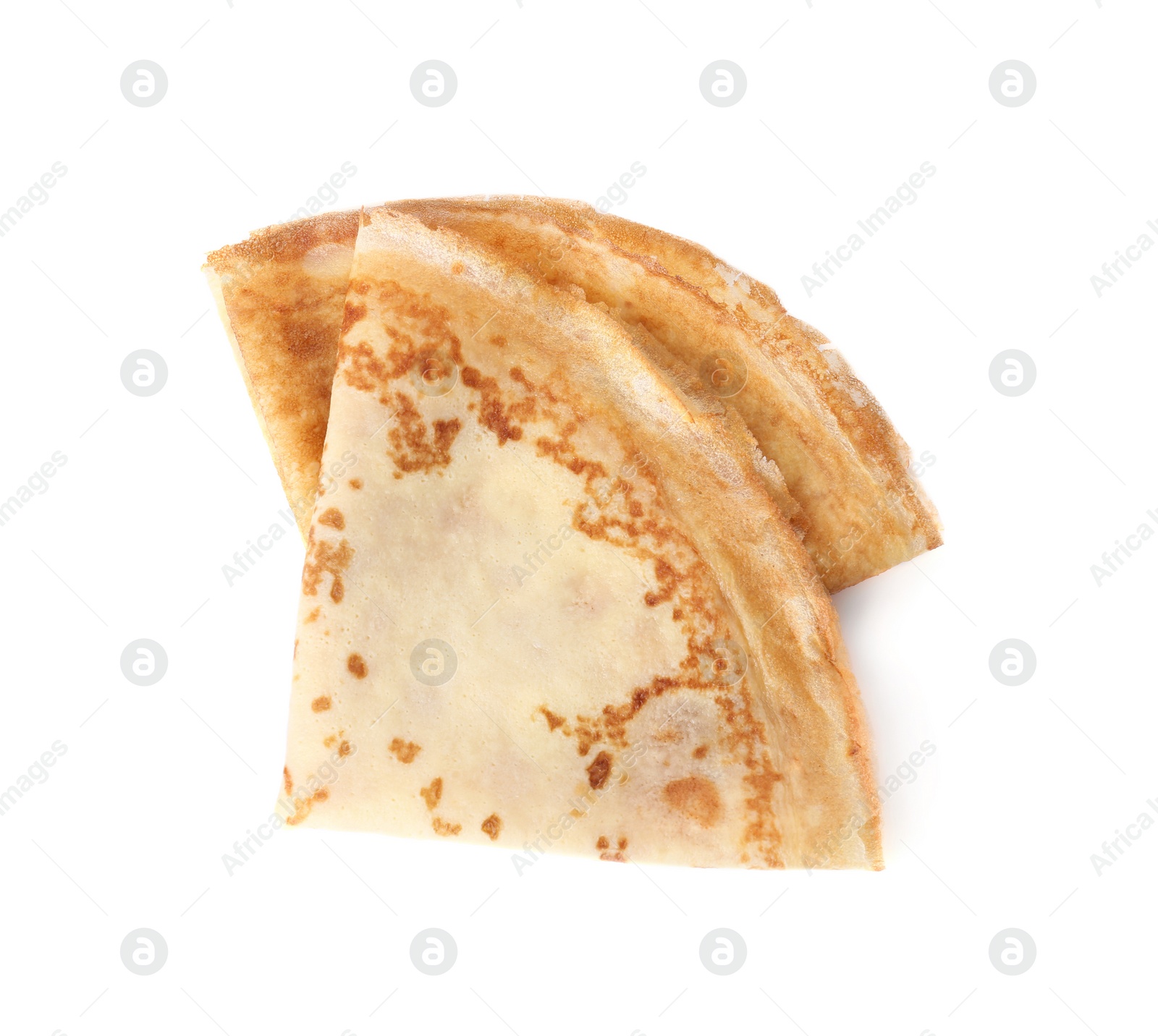 Photo of Tasty thin folded pancakes on white background, top view