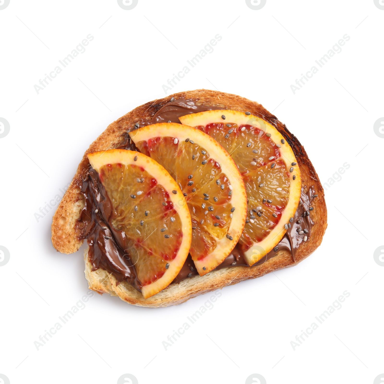 Photo of Tasty toast with chocolate paste, orange and chia seeds on white background, top view