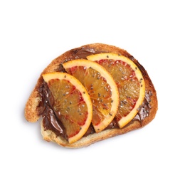 Photo of Tasty toast with chocolate paste, orange and chia seeds on white background, top view
