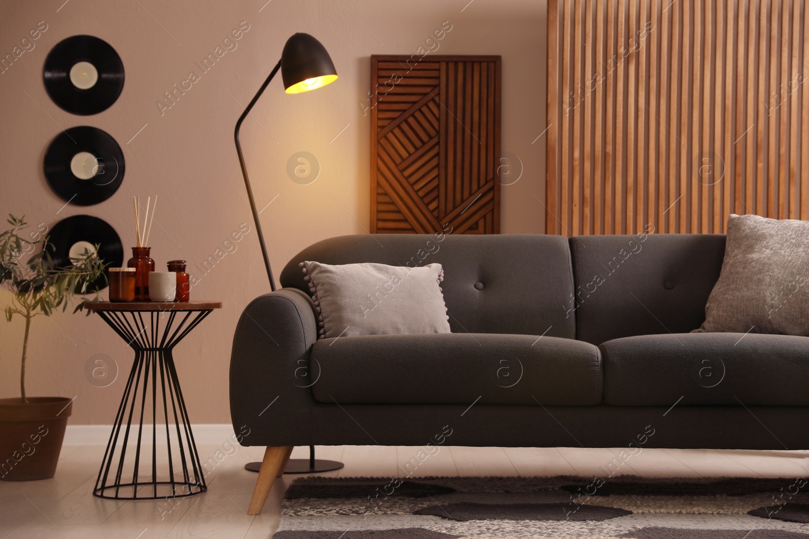 Photo of Stylish living room interior with comfortable dark sofa