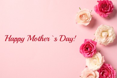 Image of Happy Mother's Day greeting card. Beautiful rose flowers on pink background