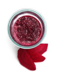 Glass of beet smoothie on white background, top view