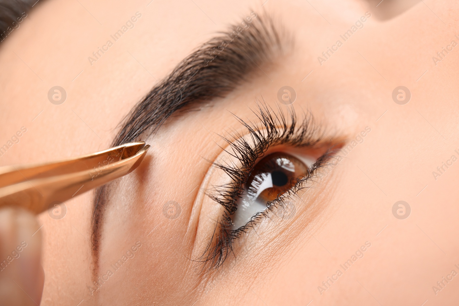 Photo of Young woman having professional eyebrow correction procedure, closeup