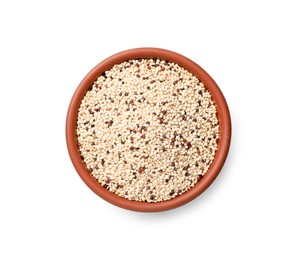 Photo of Raw quinoa seeds in bowl isolated on white, top view