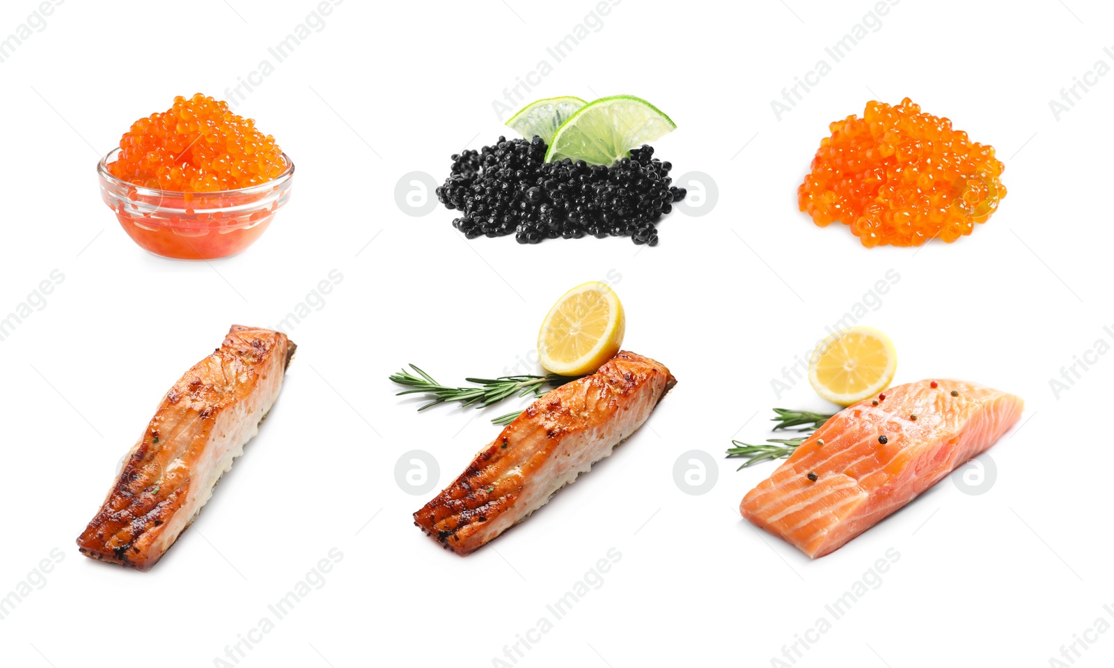 Image of Set with delicious freshly cooked fish dishes, salted salmon and caviar on white background