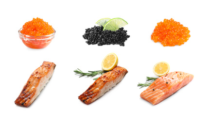 Image of Set with delicious freshly cooked fish dishes, salted salmon and caviar on white background