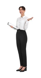 Happy businesswoman with clipboard on white background