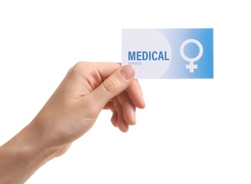 Photo of Girl holding medical business card isolated on white, closeup. Women's health service