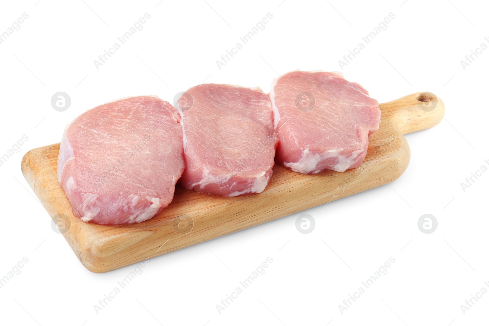 Photo of Wooden board with pieces of raw pork meat isolated on white