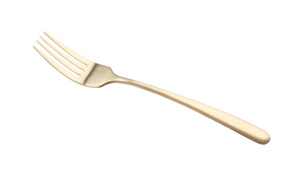 Photo of One shiny golden fork isolated on white