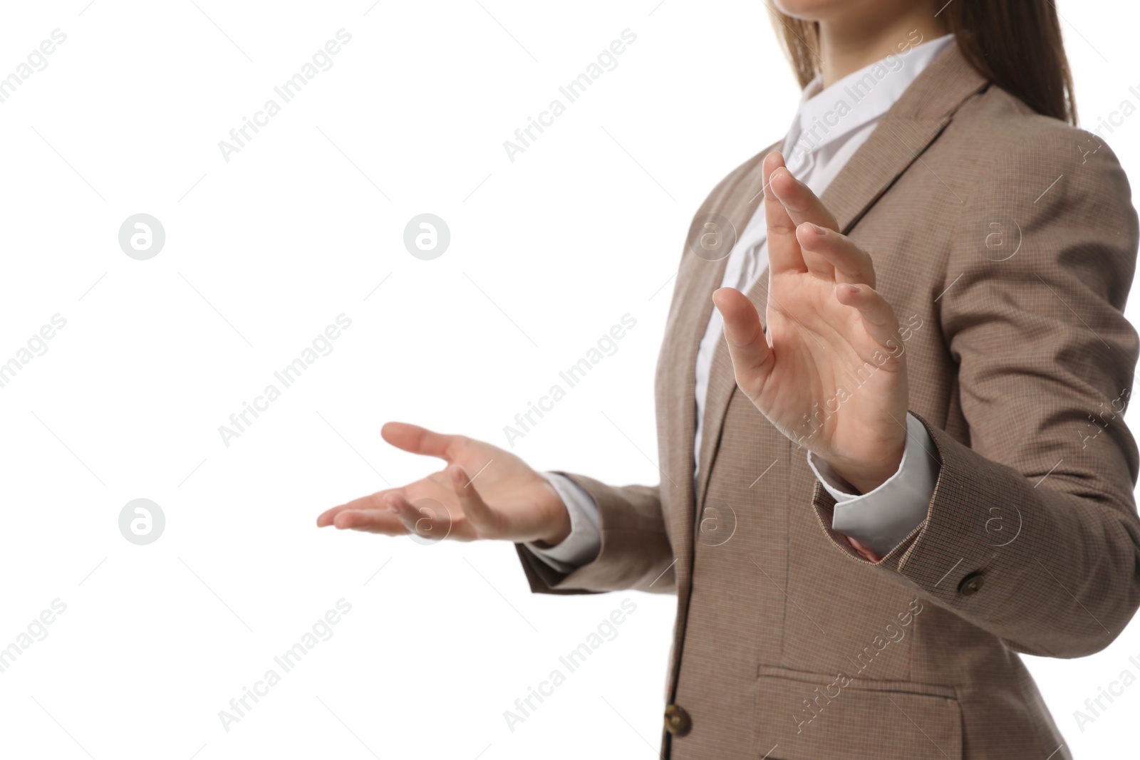 Photo of Businesswoman touching something on white background, closeup