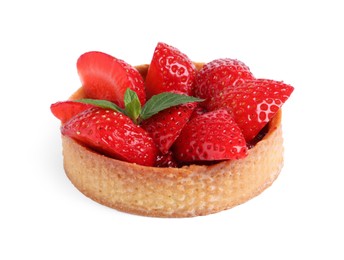 Photo of Tartlet with fresh strawberries and mint isolated on white. Delicious dessert