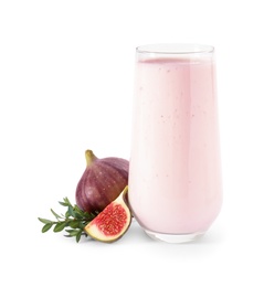 Photo of Delicious fig smoothie in glass on white background
