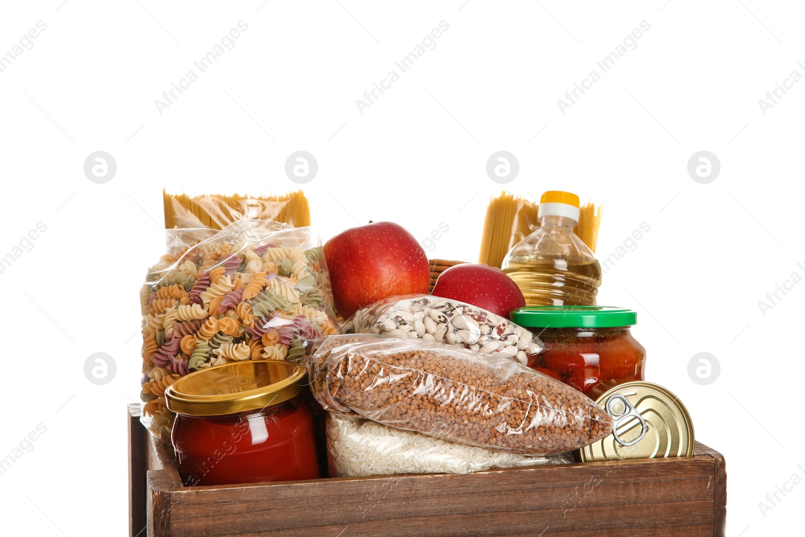 Photo of Donation box full of different products on white background