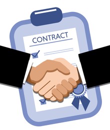 Illustration of Government contract. Businesspeople shaking hands and signed document on white background, illustration