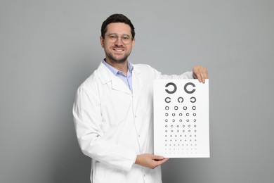 Photo of Ophthalmologist with vision test chart on gray background