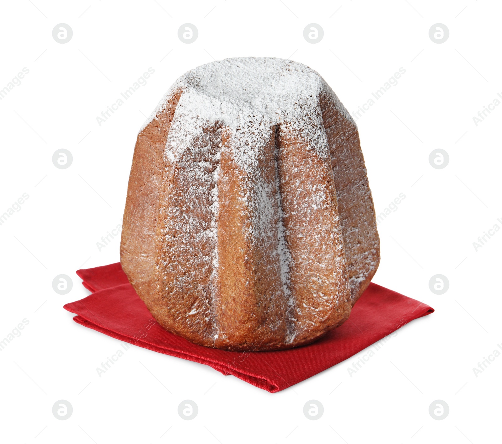 Photo of Delicious Pandoro cake decorated with powdered sugar isolated on white. Traditional Italian pastry