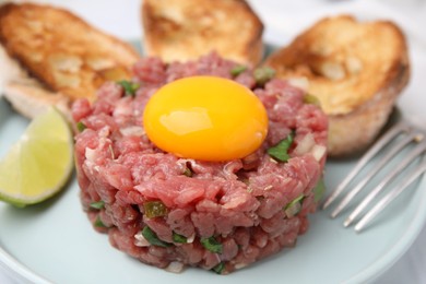 Tasty beef steak tartare served with yolk, toasted bread and lime on plate, closeup