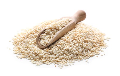 Photo of Pile of sesame seeds and wooden scoop on white background