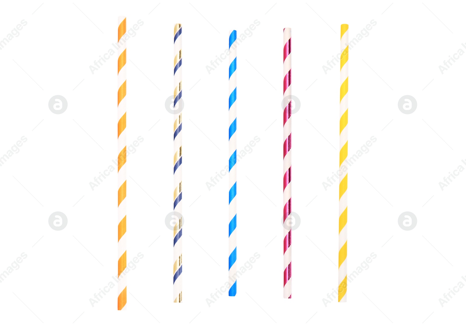 Image of Set of striped paper drinking straws on white background