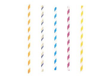 Image of Set of striped paper drinking straws on white background