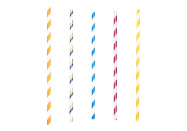 Set of striped paper drinking straws on white background