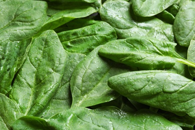 Photo of Fresh green healthy spinach as background, closeup view