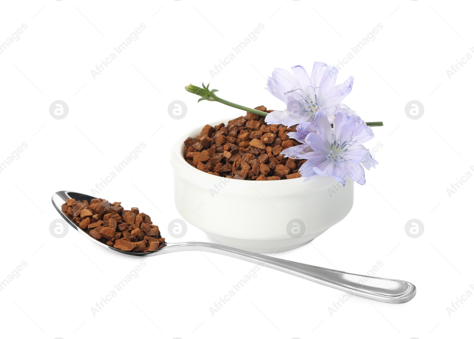 Photo of Chicory granules and flowers on white background
