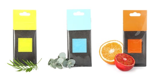 Image of Set of scented sachets with different aromas on white background. Banner design