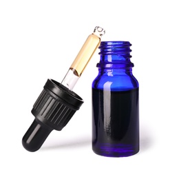 Photo of Cosmetic bottle and pipette with essential oil on white background