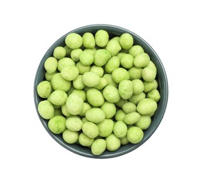 Photo of Tasty wasabi coated peanuts in bowl on white background, top view