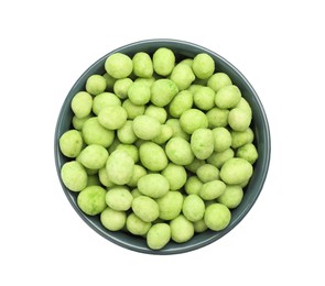 Tasty wasabi coated peanuts in bowl on white background, top view