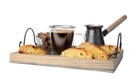 Photo of Wooden tray with tasty cantucci, aromatic coffee and brown sugar on white background. Traditional Italian almond biscuits