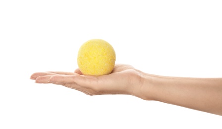 Photo of Woman holding bath bomb on white background, closeup