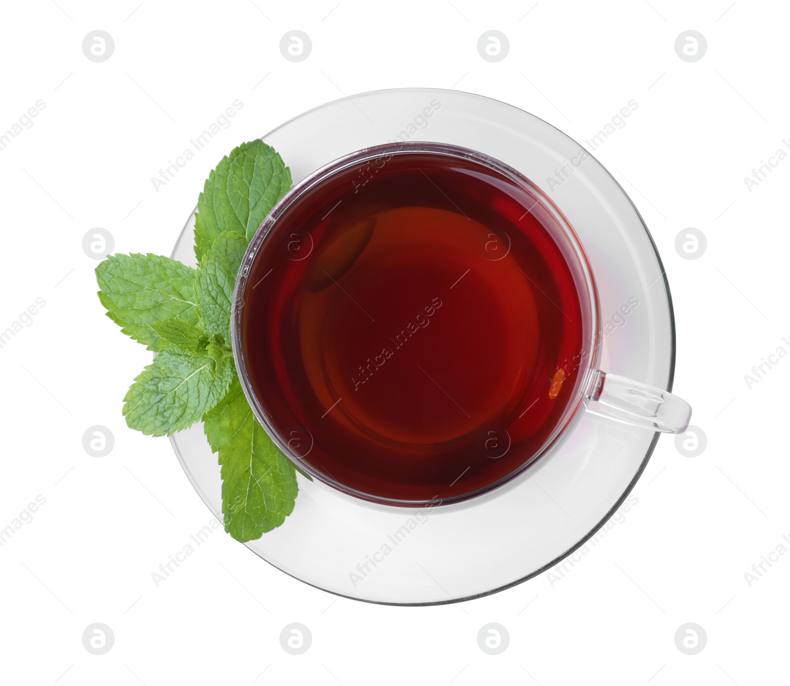 Photo of Cup with hot aromatic mint tea isolated on white, top view