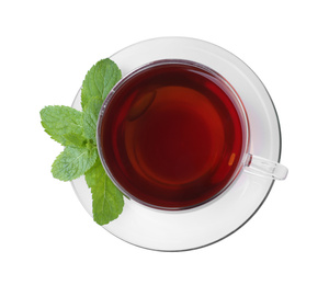 Photo of Cup with hot aromatic mint tea isolated on white, top view