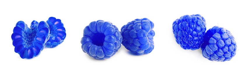 Set with fresh tasty blue raspberries on white background. Banner design