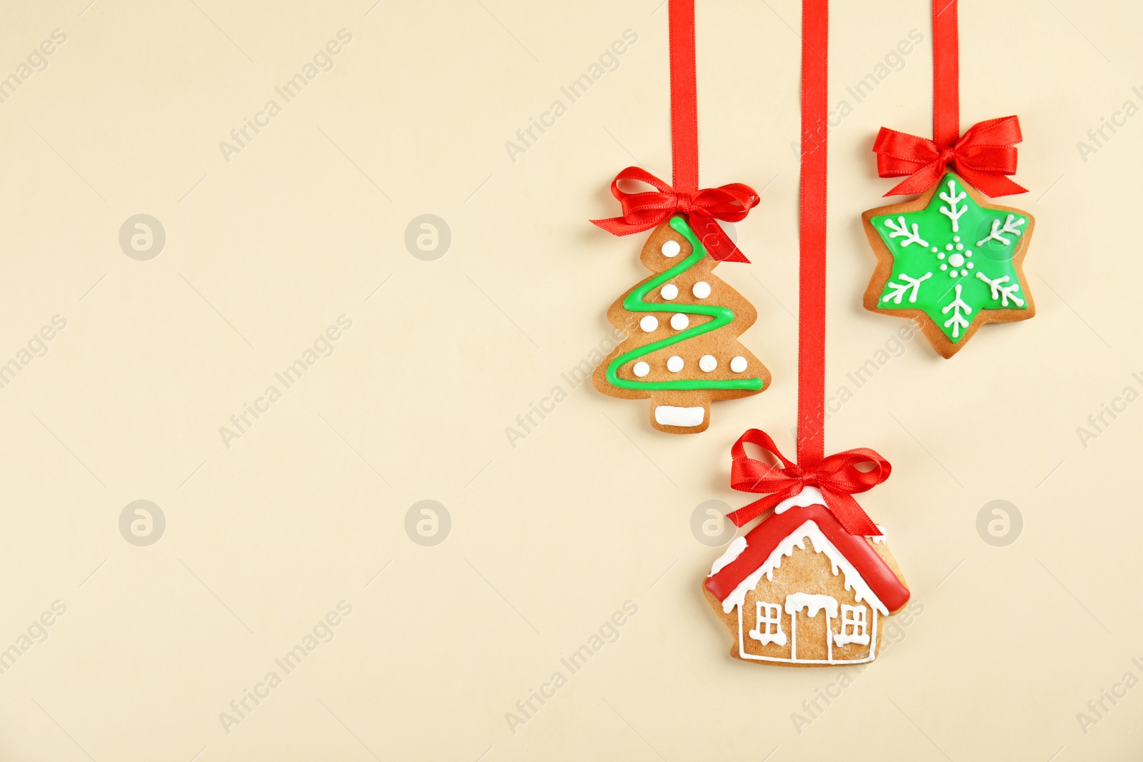 Photo of Tasty homemade Christmas cookies on color background, top view