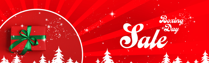 Image of Gift and text Boxing Day Sale on bright red background with pattern. Banner design