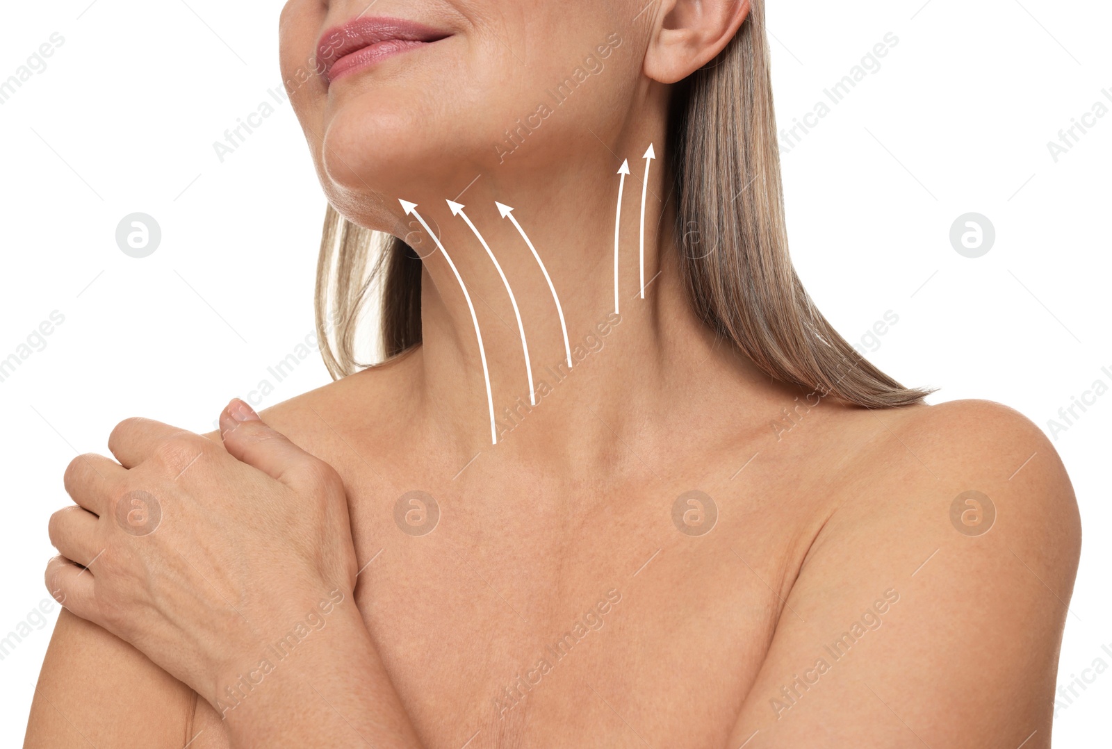 Image of Woman with perfect skin after cosmetic treatment on white background, closeup. Lifting arrows on her neck