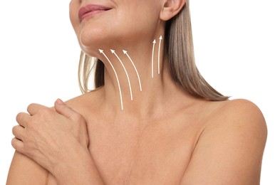Image of Woman with perfect skin after cosmetic treatment on white background, closeup. Lifting arrows on her neck