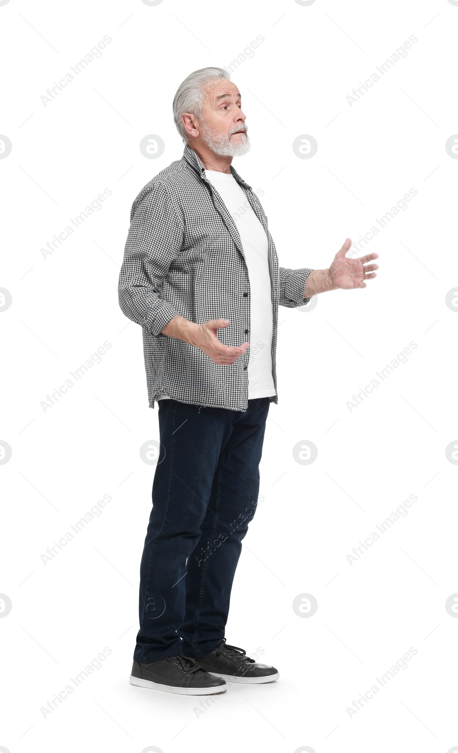 Photo of Senior man greeting someone on white background